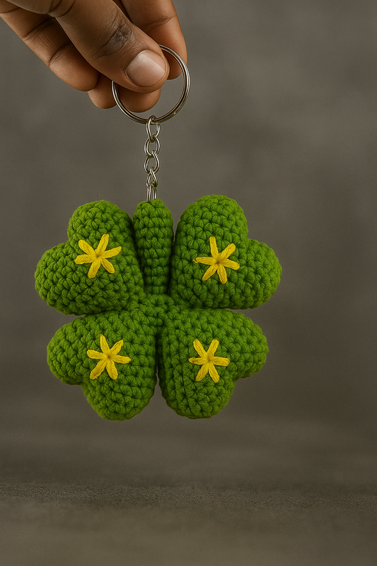 Handmade Crochet Four Leaf Clover Keychain - 7 cm
