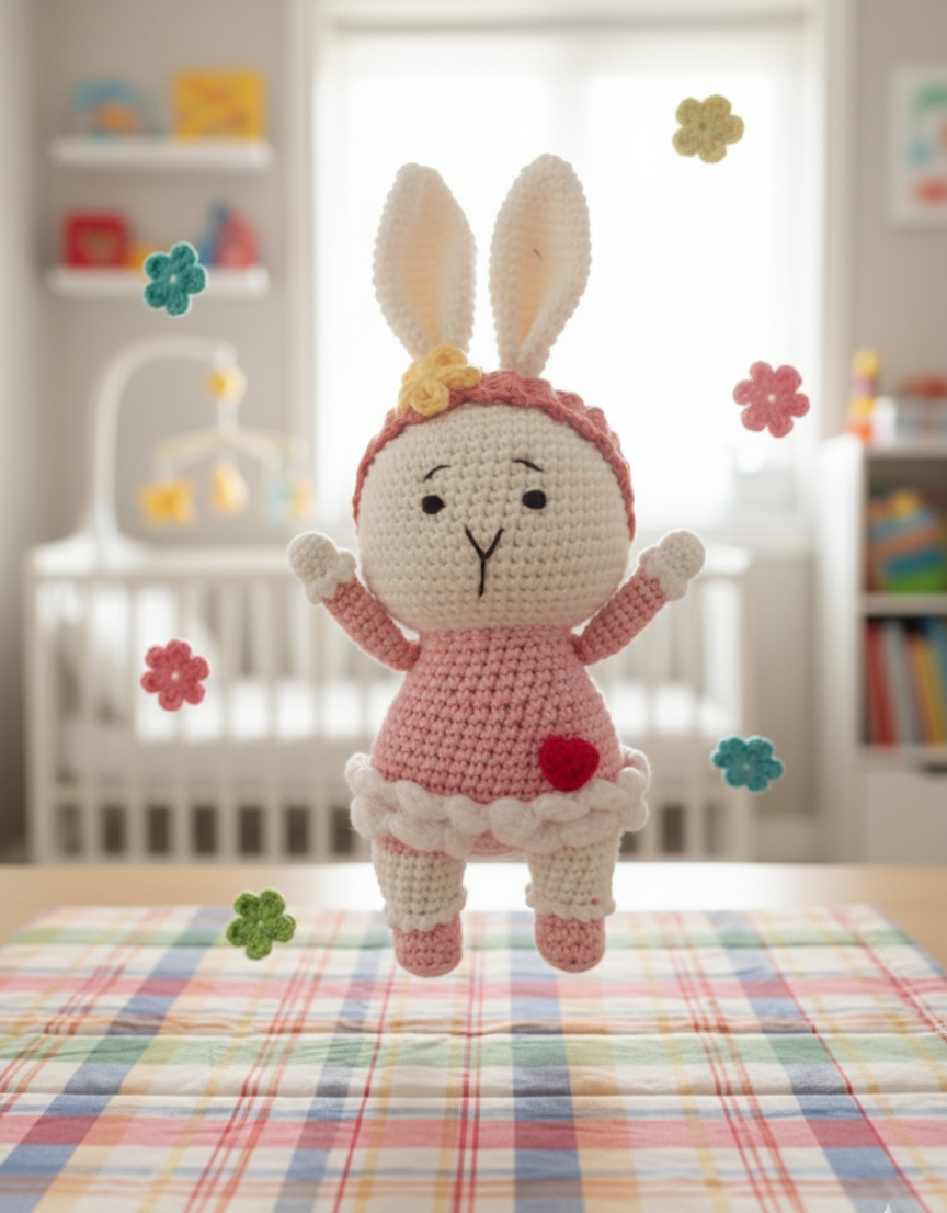 Handmade Crochet Bunny Soft Toy with Dress – 20 cm