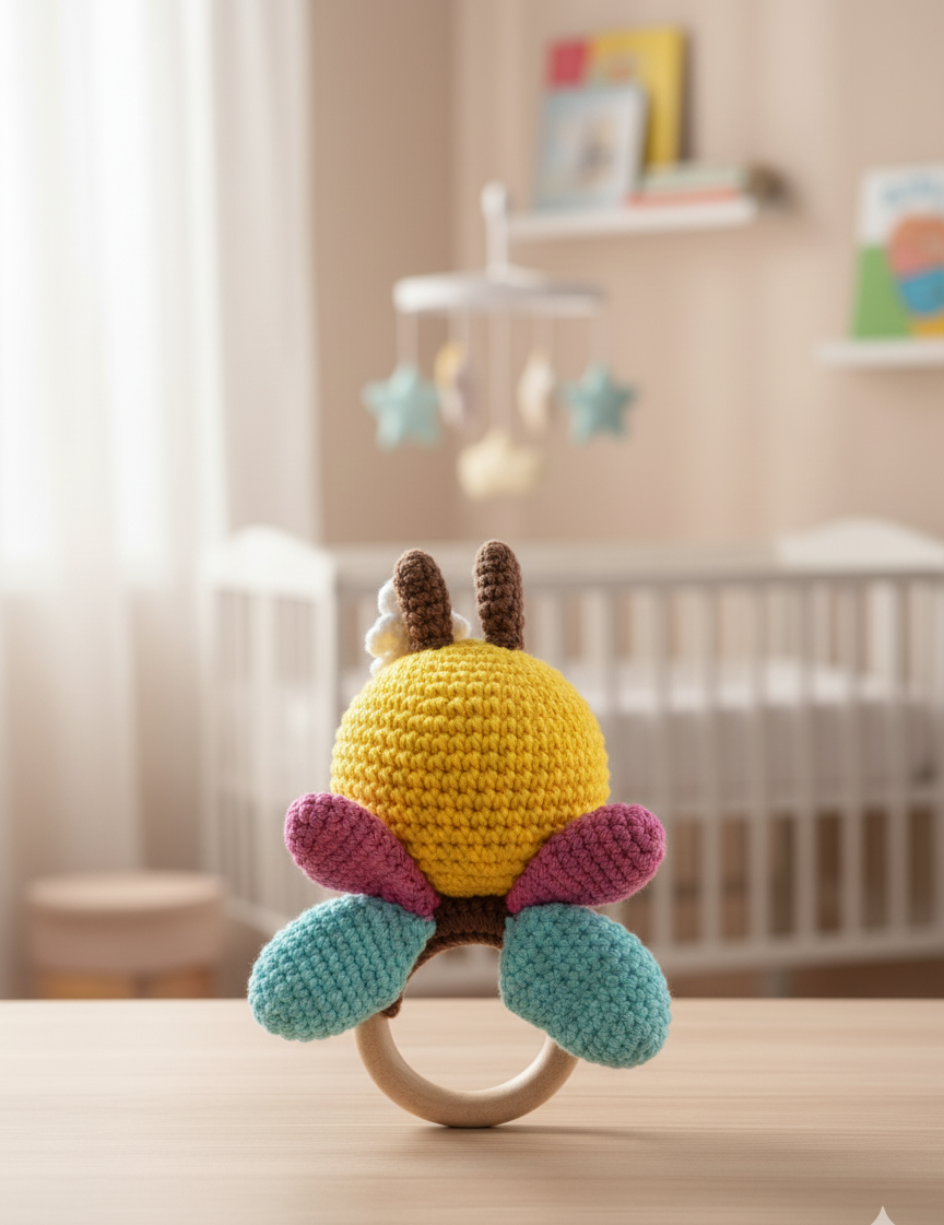 Handmade Crochet Bee Baby Rattle with Wooden Teether