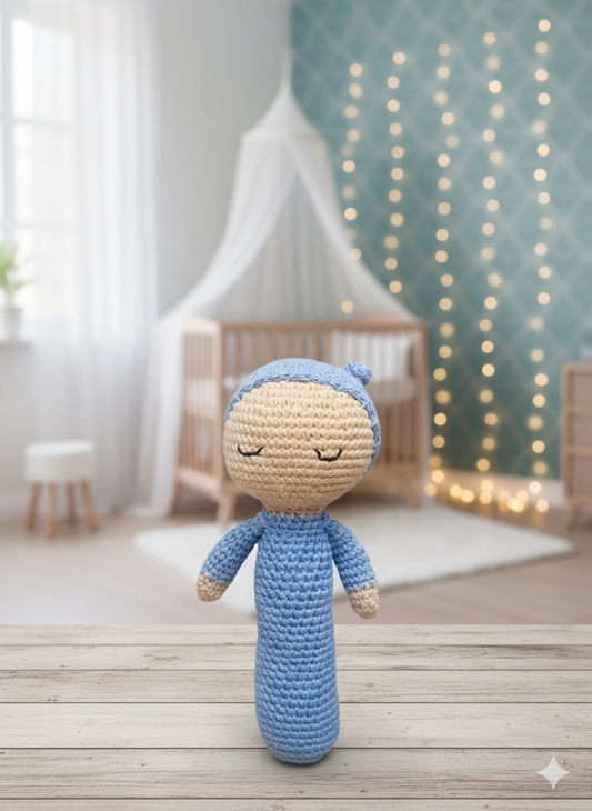 Handmade Crochet Baby Rattle with sleepy eyes - 18 cm