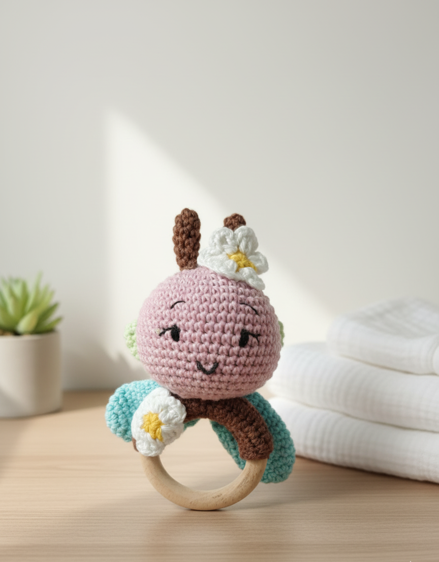 Handmade Crochet Bee Baby Rattle with Wooden Teether