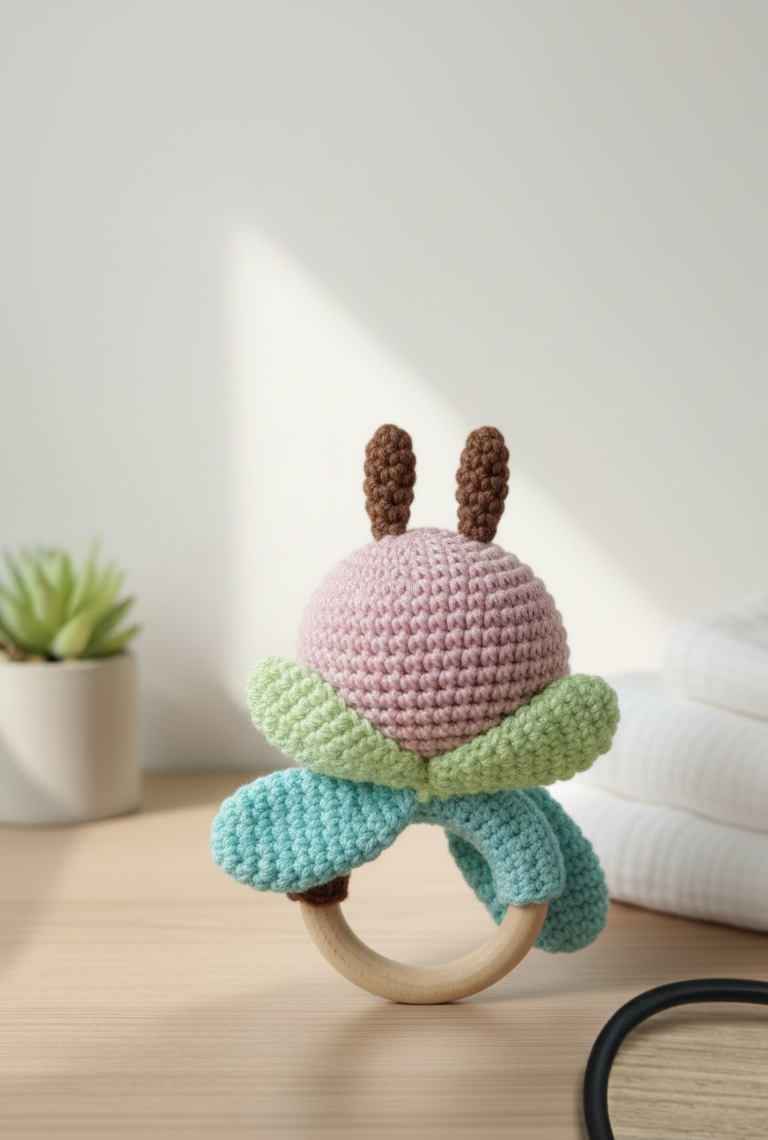 Handmade Crochet Bee Baby Rattle with Wooden Teether