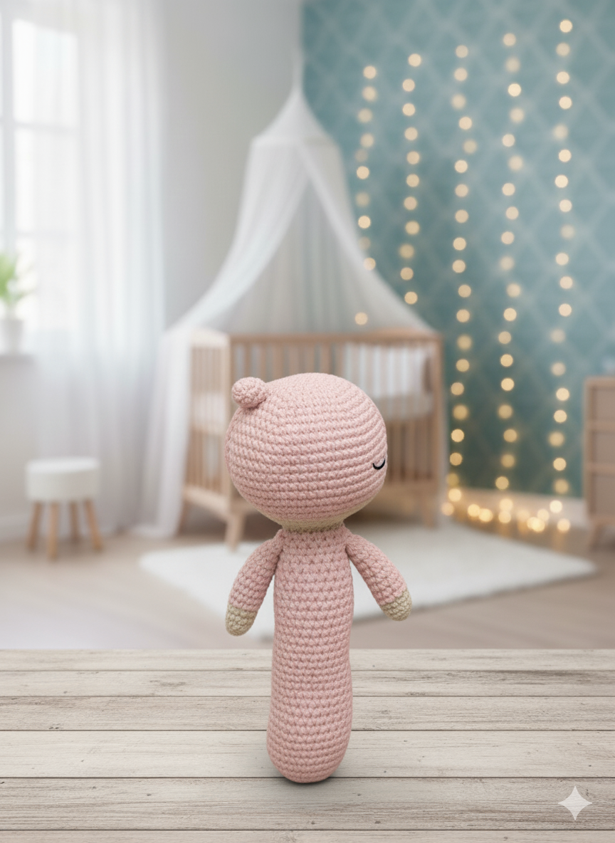 Handmade Crochet Baby Rattle with sleepy eyes - 18 cm