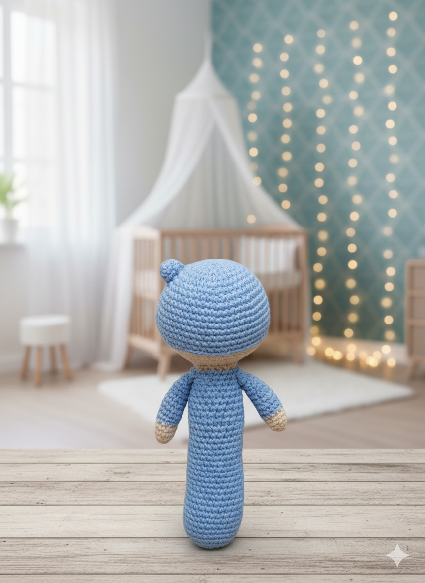 Handmade Crochet Baby Rattle with sleepy eyes - 18 cm