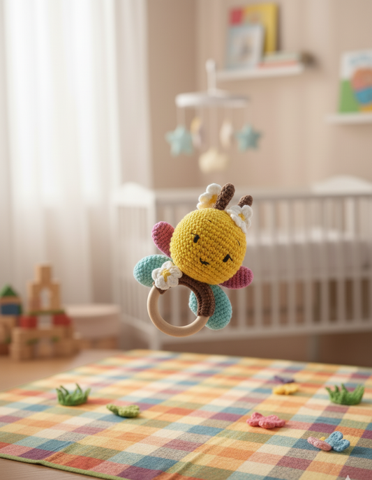 Handmade Crochet Bee Baby Rattle with Wooden Teether