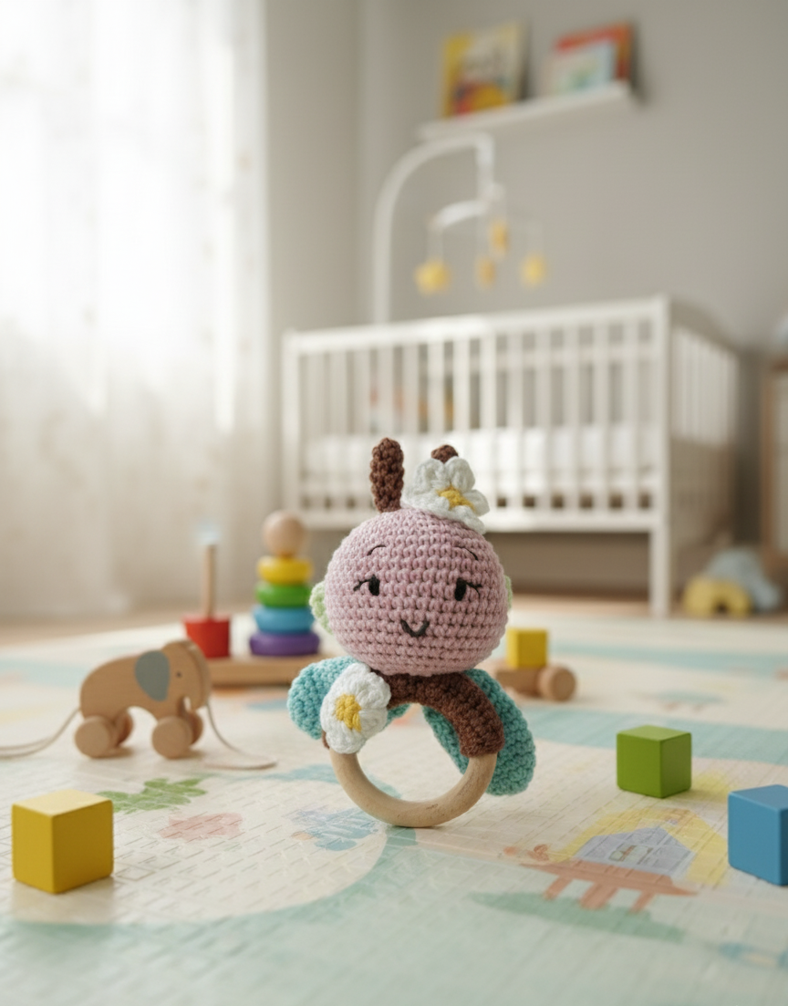 Handmade Crochet Bee Baby Rattle with Wooden Teether