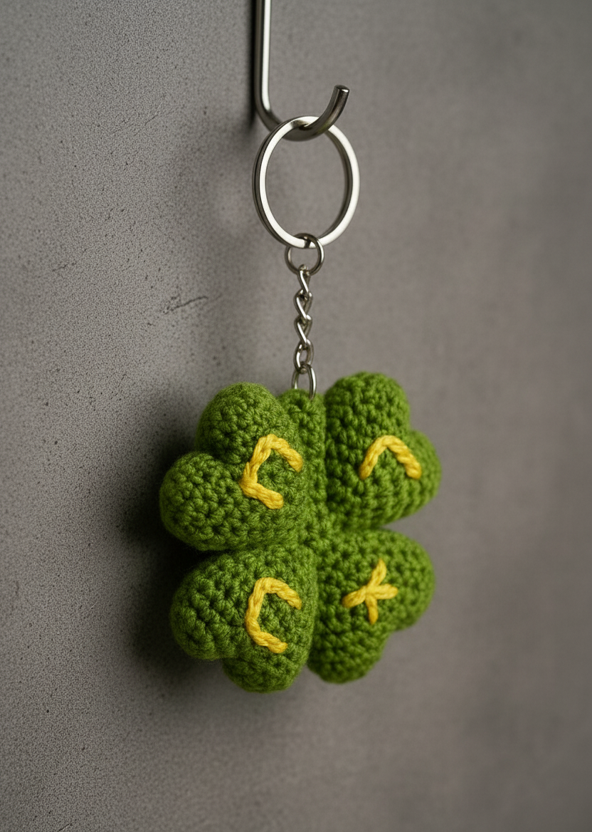 Handmade Crochet Four Leaf Clover Keychain - 7 cm