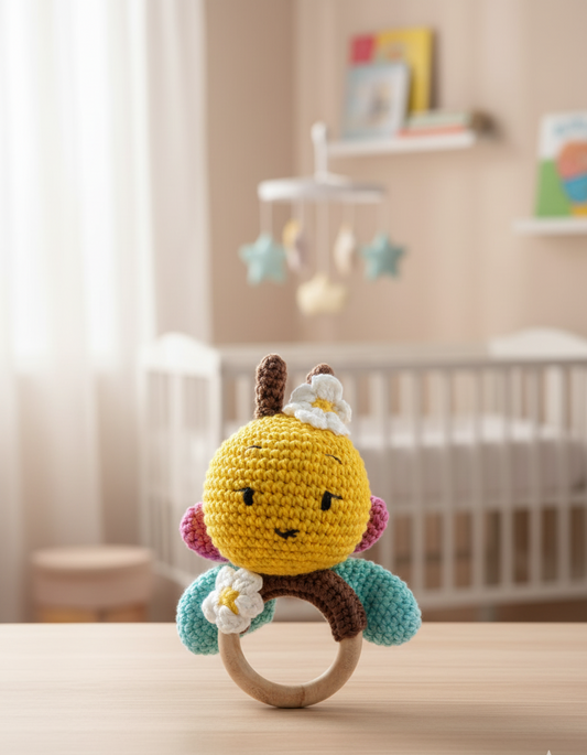 Handmade Crochet Bee Baby Rattle with Wooden Teether