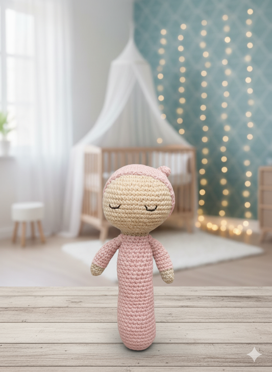 Handmade Crochet Baby Rattle with sleepy eyes - 18 cm