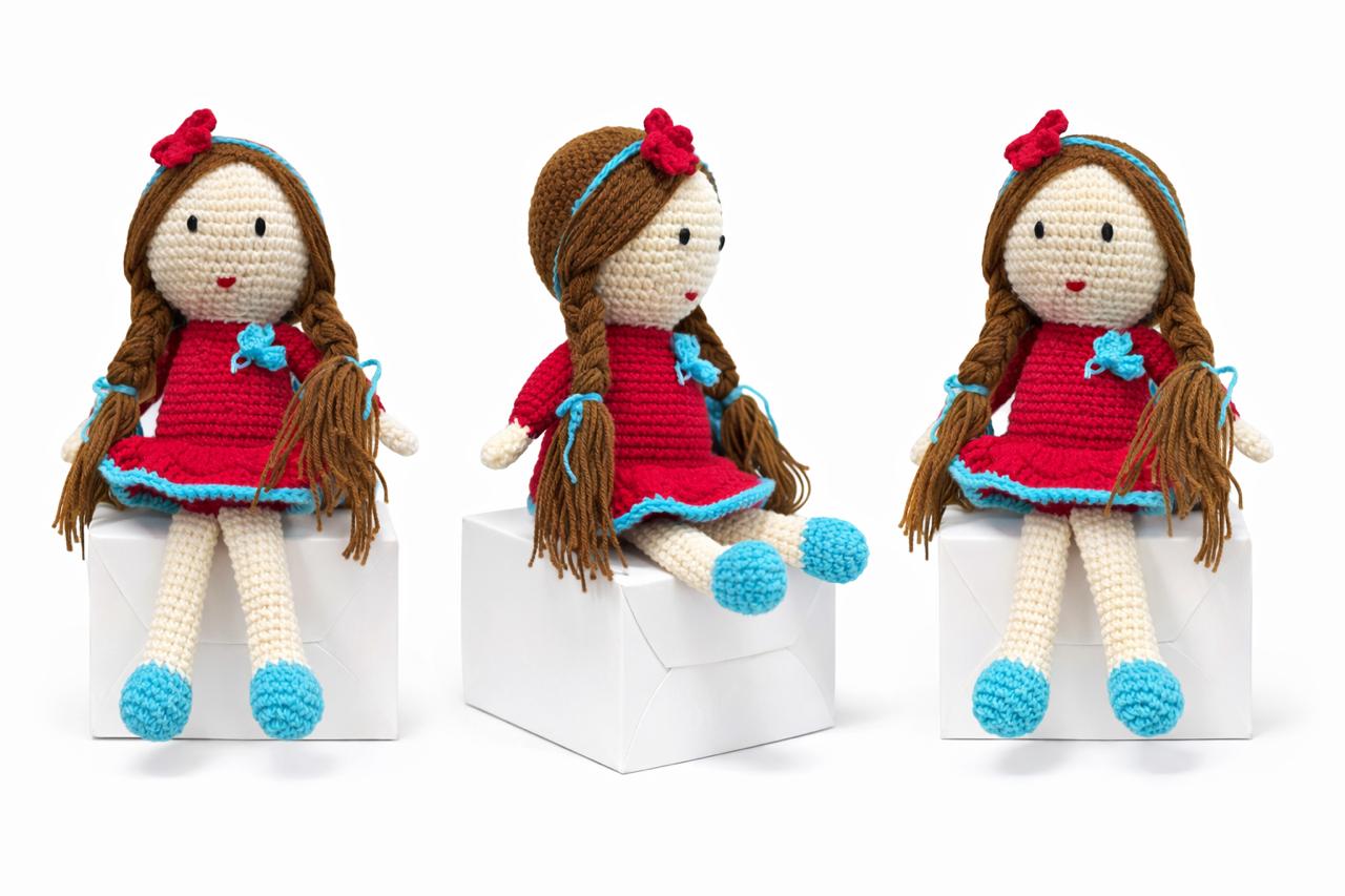 Handmade Crochet Doll (25 cm) – Soft Amigurumi Sitting Doll for Kids | 100% Baby Soft Acrylic Yarn | Red Dress with Braids | Decorative & Gifting Toy