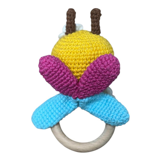 Handmade Crochet Bee Baby Rattle with Wooden Teether