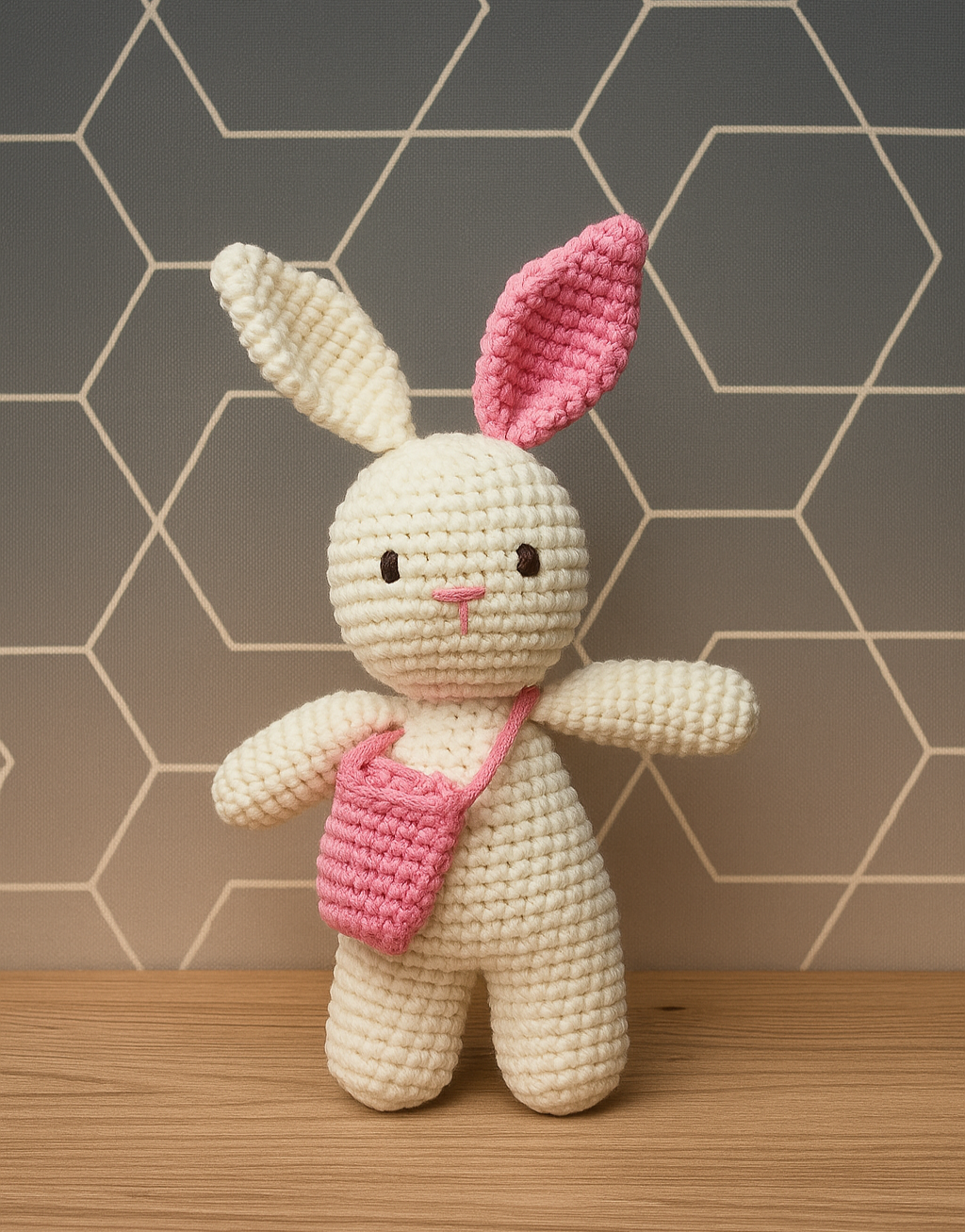 Handmade Crochet Bunny with Bag White and Pink - 15 cm