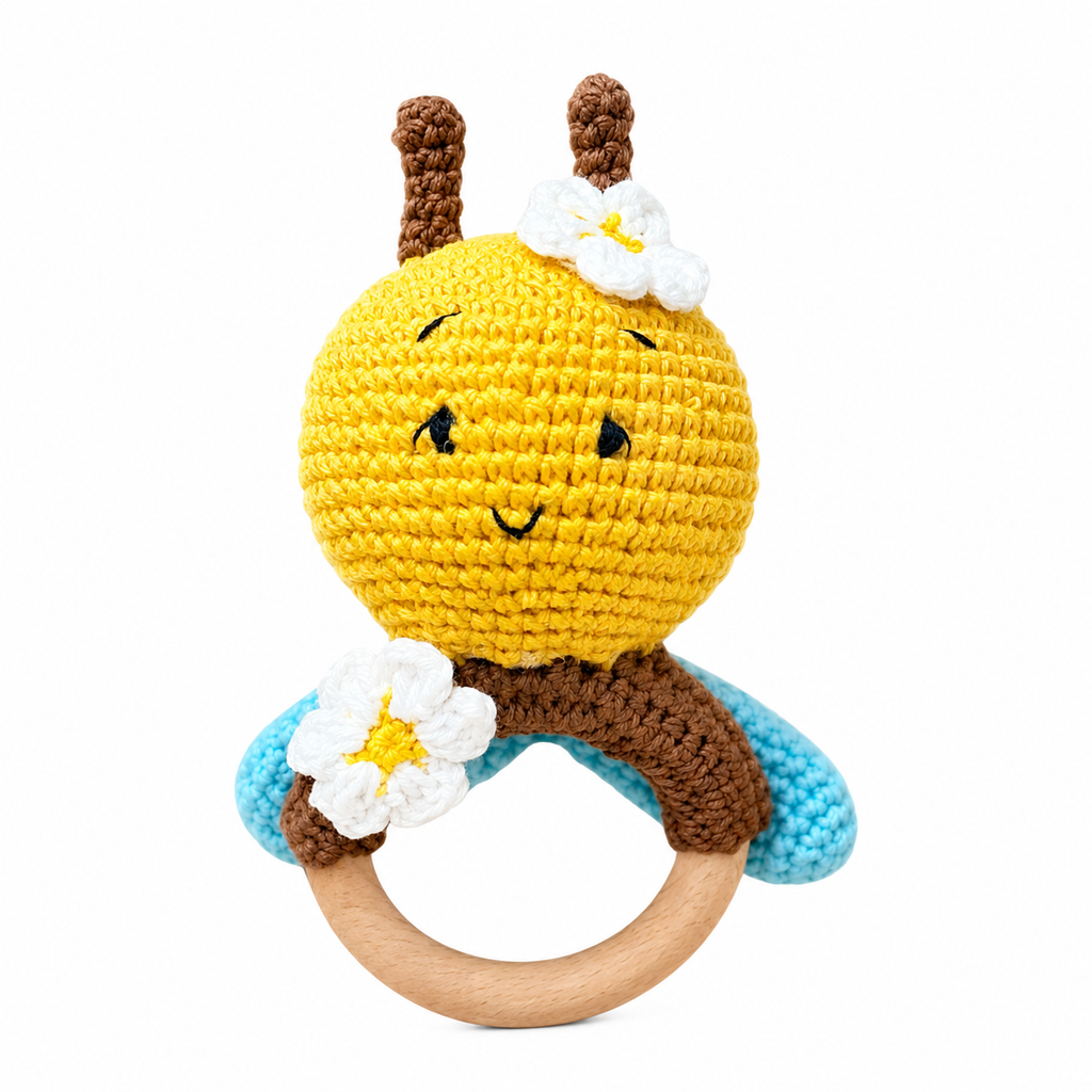 Handmade Crochet Bee Baby Rattle with Wooden Teether