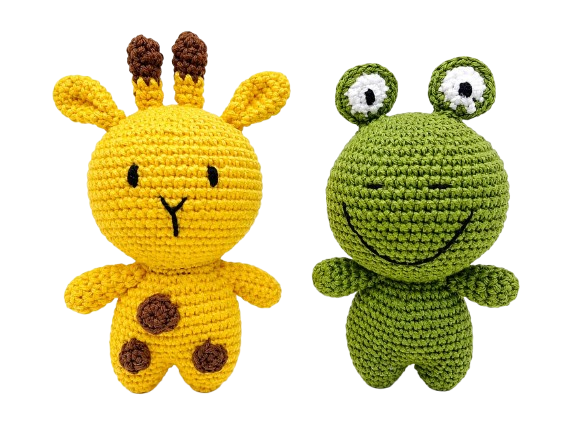 Pocket Pals Crochet Amigurumi Soft Toys Combo – Tuki the Giraffe & Zuzu the Frog | Handmade Cotton Plush Toys for Kids, Nursery & Gifting