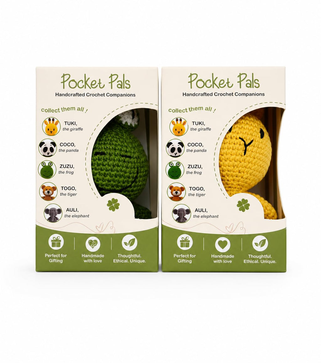 Pocket Pals Crochet Amigurumi Soft Toys Combo – Tuki the Giraffe & Zuzu the Frog | Handmade Cotton Plush Toys for Kids, Nursery & Gifting