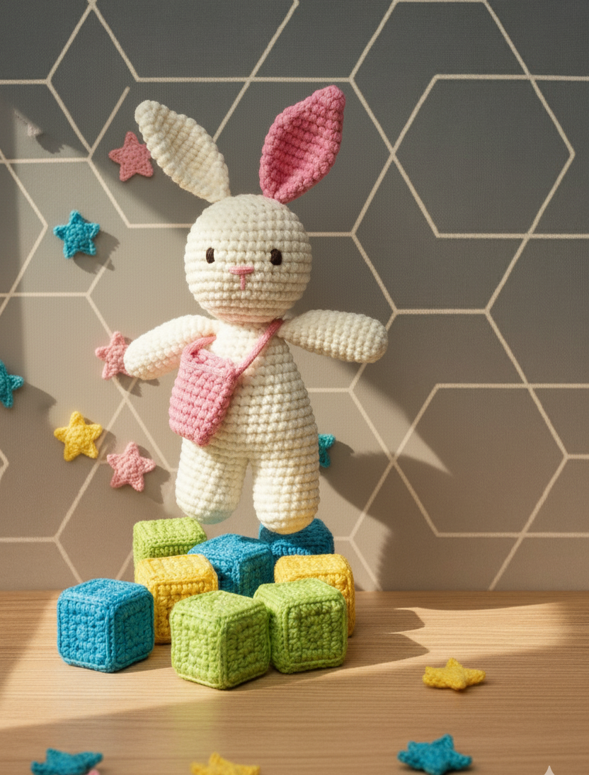 Handmade Crochet Bunny with Bag White and Pink - 15 cm