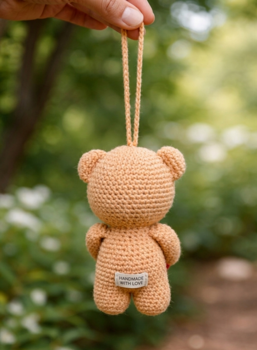 Handmade Crochet Teddy Bear with Heart - 15 cm (Caramel)