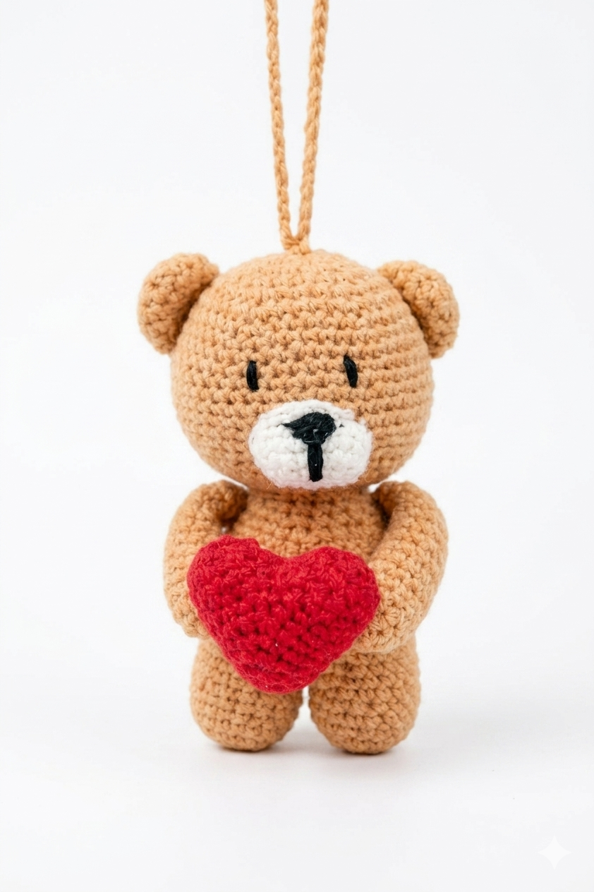 Handmade Crochet Teddy Bear with Heart - 15 cm (Caramel)