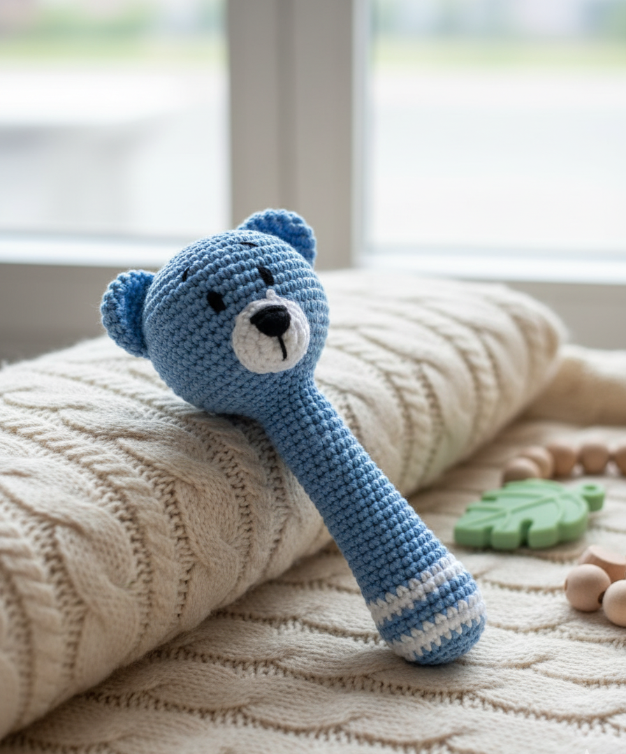 Handmade Crochet Teddy Bear Rattle - 15 cm