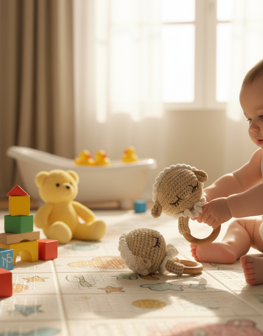Handmade Crochet Sheep Baby Rattle with Wooden Teether