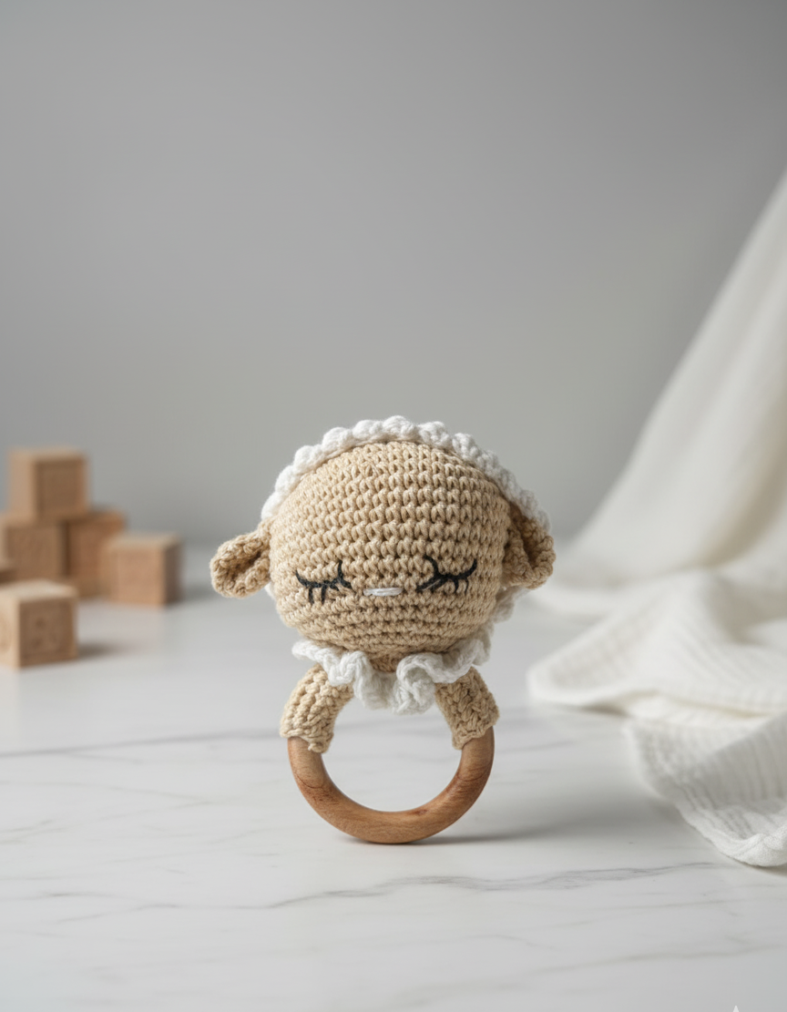 Handmade Crochet Sheep Baby Rattle with Wooden Teether