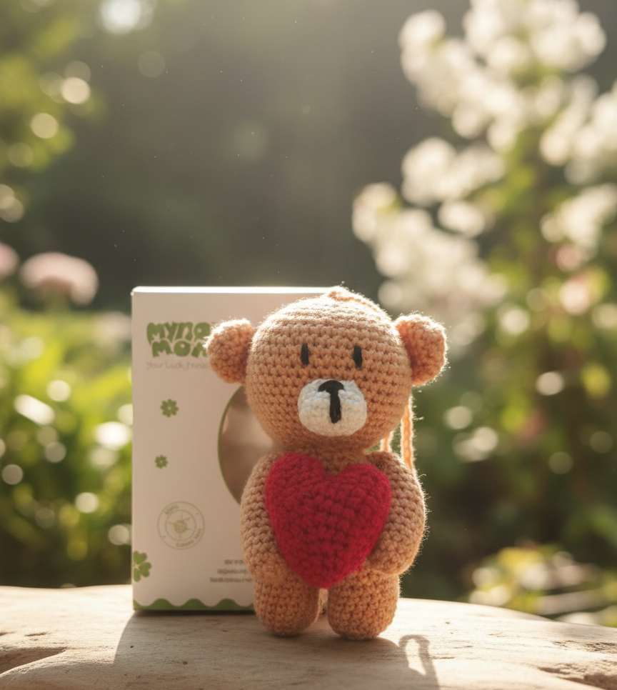 Handmade Crochet Teddy Bear with Heart - 15 cm (Caramel)