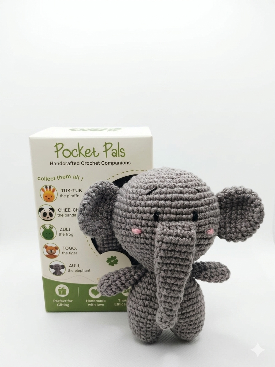 Handmade Crochet Elephant Animal Companion | Pocket-Sized Amigurumi Gift for Kids, Collectors & Loved Ones | Sustainable & Eco-Friendly | Pocket Pals – Auli the Elephant 10 cm