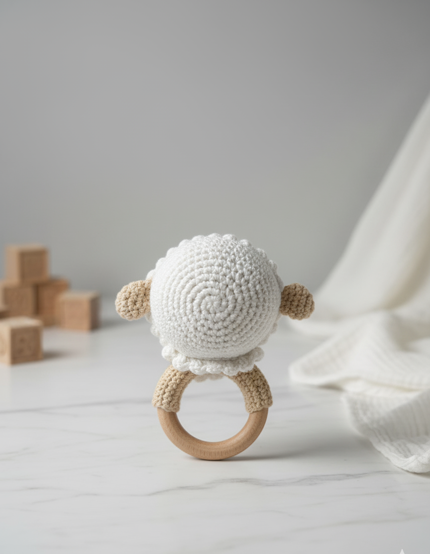 Handmade Crochet Sheep Baby Rattle with Wooden Teether