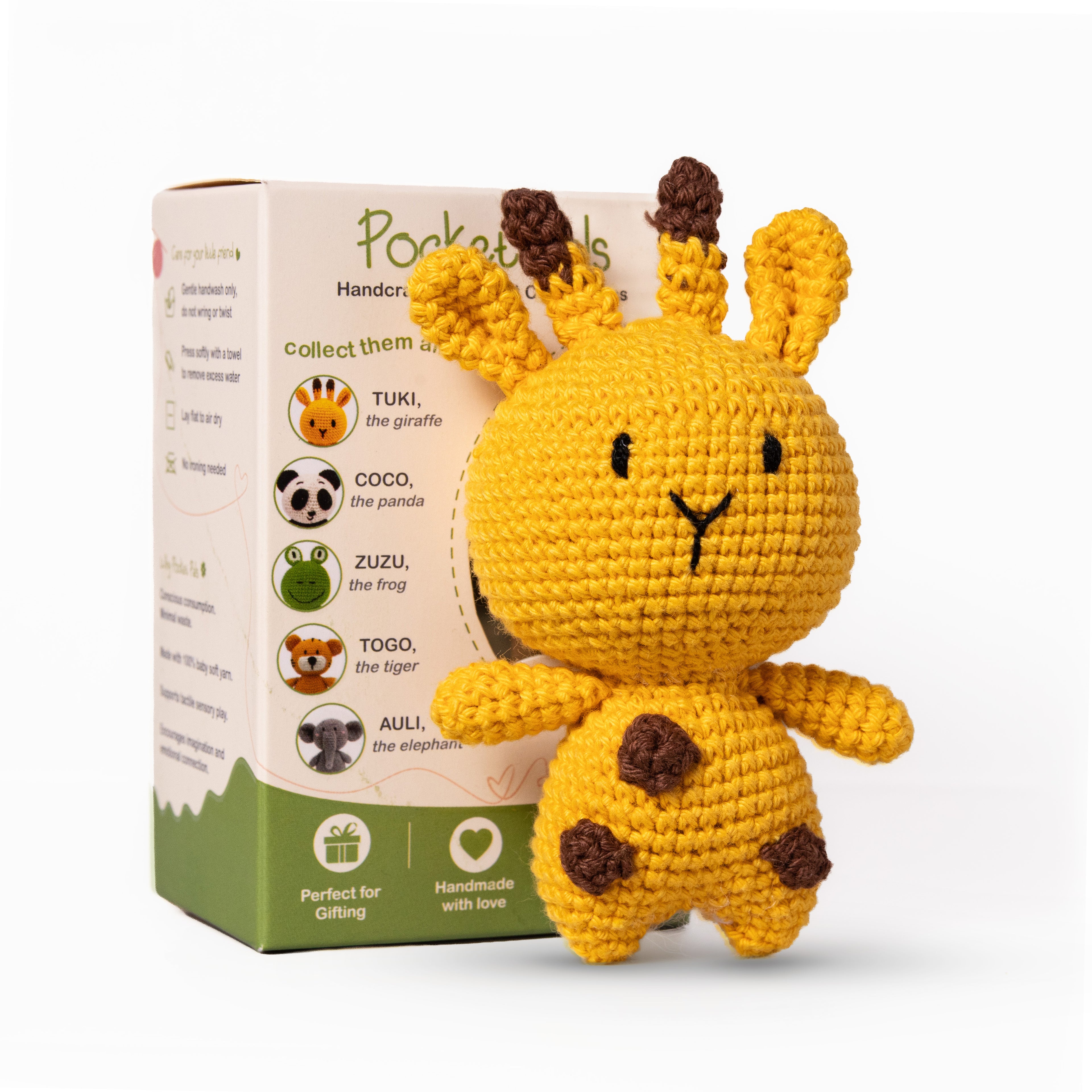Handmade Crochet Giraffe Animal Companion | Pocket-Sized Amigurumi Gift for Kids, Collectors & Loved Ones | Sustainable & Eco-Friendly | Pocket Pals – Tuki the Giraffe 12 cm
