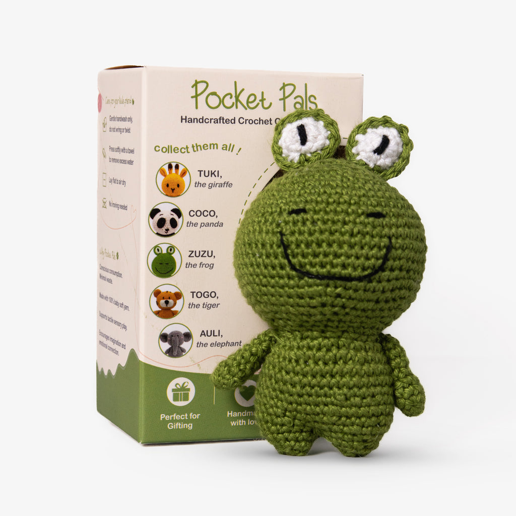 Handmade Crochet Frog Animal Companion | Pocket-Sized Amigurumi Gift for Kids, Collectors & Loved Ones | Sustainable & Eco-Friendly | Pocket Pals – Zuzu the Frog 12 cm
