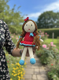 Handmade Crochet Doll (25 cm) – Soft Amigurumi Sitting Doll for Kids | 100% Baby Soft Acrylic Yarn | Red Dress with Braids | Decorative & Gifting Toy