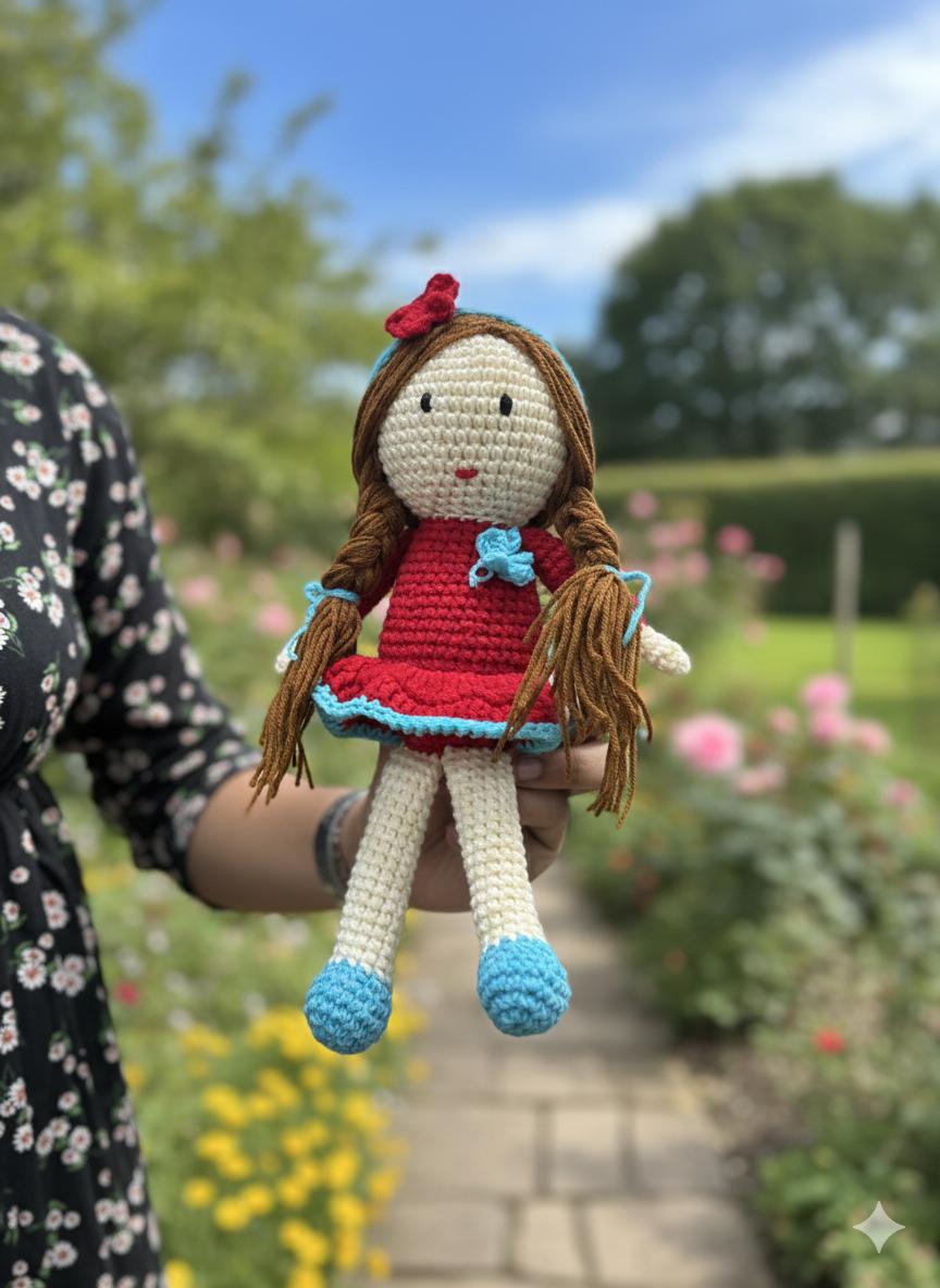 Handmade Crochet Doll (25 cm) – Soft Amigurumi Sitting Doll for Kids | 100% Baby Soft Acrylic Yarn | Red Dress with Braids | Decorative & Gifting Toy