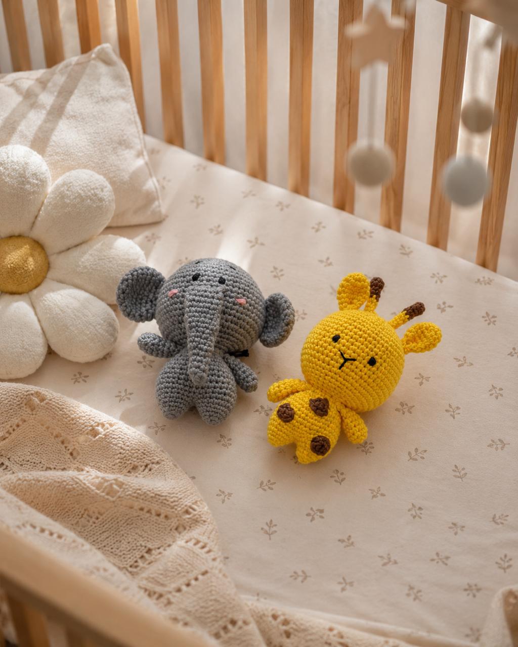 Pocket Pals Crochet Amigurumi Soft Toys Combo – Auli the Elephant & Tuki the Giraffe | Nursery Decor | Baby Shower & Birthday Gift