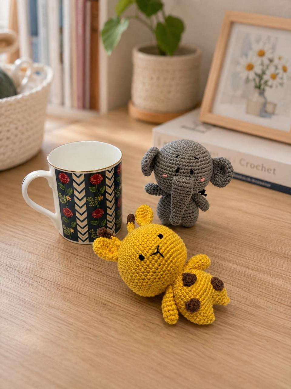 Pocket Pals Crochet Amigurumi Soft Toys Combo – Auli the Elephant & Tuki the Giraffe | Nursery Decor | Baby Shower & Birthday Gift