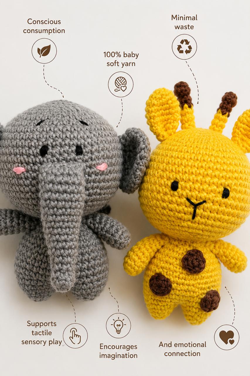 Pocket Pals Crochet Amigurumi Soft Toys Combo – Auli the Elephant & Tuki the Giraffe | Nursery Decor | Baby Shower & Birthday Gift