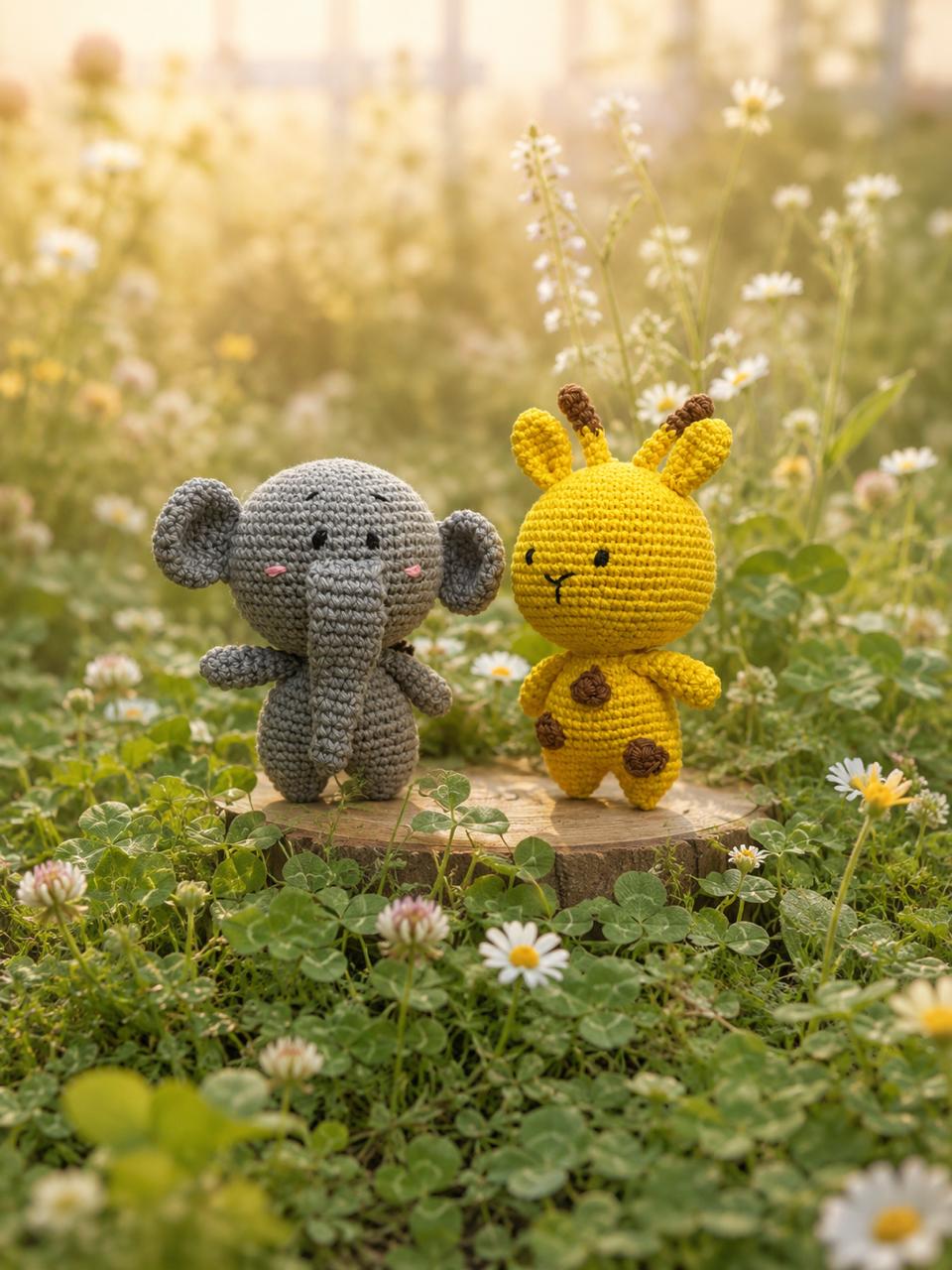 Pocket Pals Crochet Amigurumi Soft Toys Combo – Auli the Elephant & Tuki the Giraffe | Nursery Decor | Baby Shower & Birthday Gift
