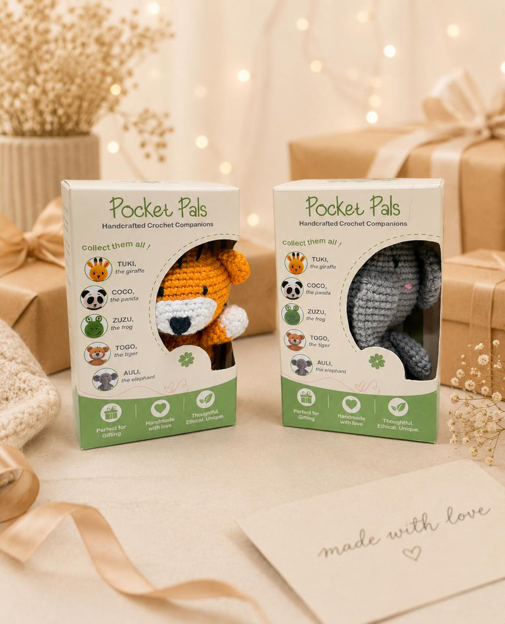 Handmade Crochet Amigurumi Soft Toys Combo – Togo the Tiger & Auli the Elephant | Thoughtful Gift for Every Occasion