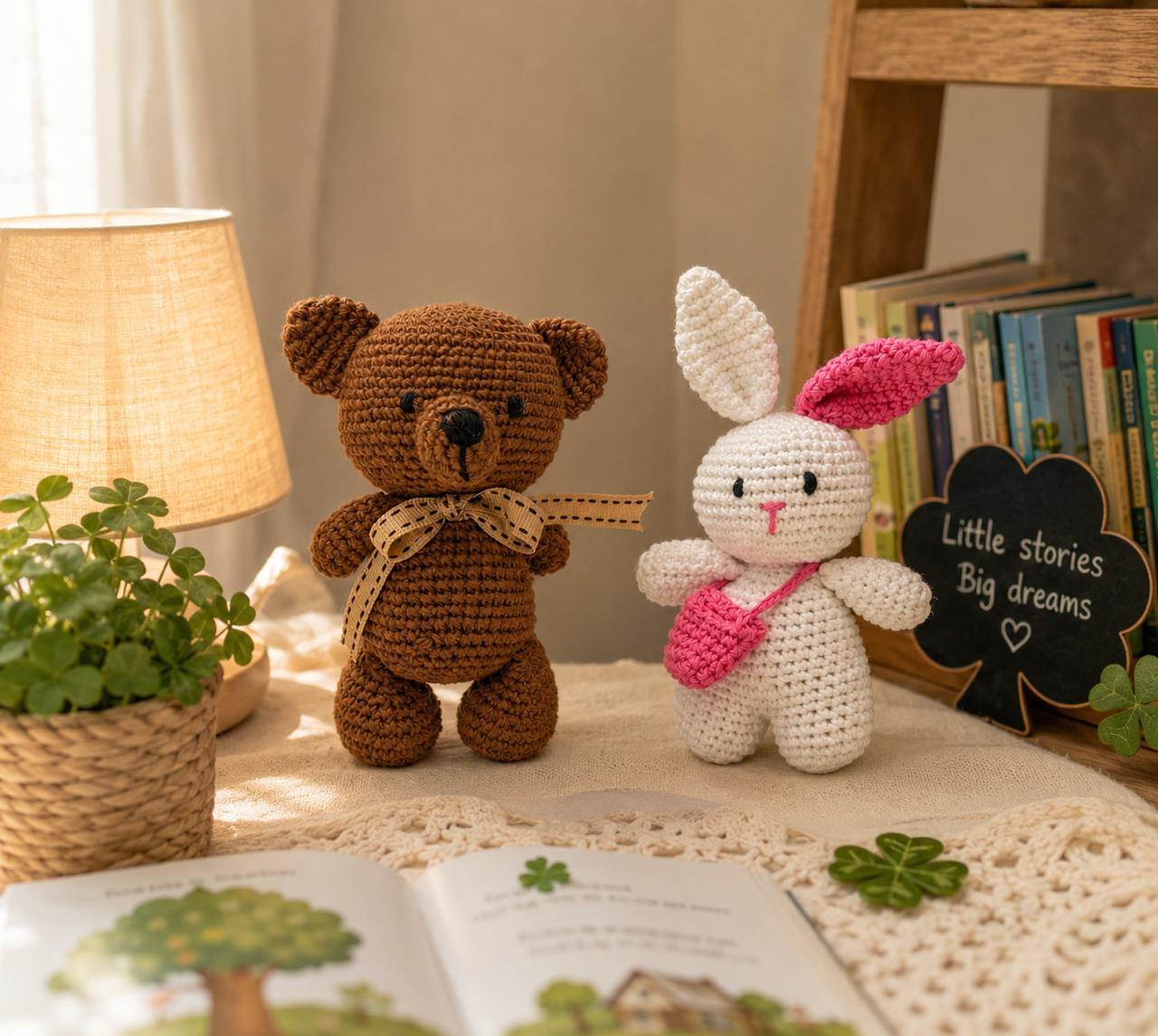 Double Luck Bundle ~ Little Souls Special Edition | Lumi the Bunny & Toffee the Teddy | Handmade Crochet Plush Gift Set | Keepsake Companion (Pack of 2)