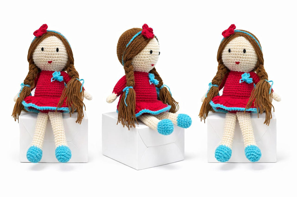 Handmade Crochet Doll (25 cm) – Soft Amigurumi Sitting Doll for Kids | 100% Baby Soft Acrylic Yarn | Red Dress with Braids | Decorative & Gifting Toy