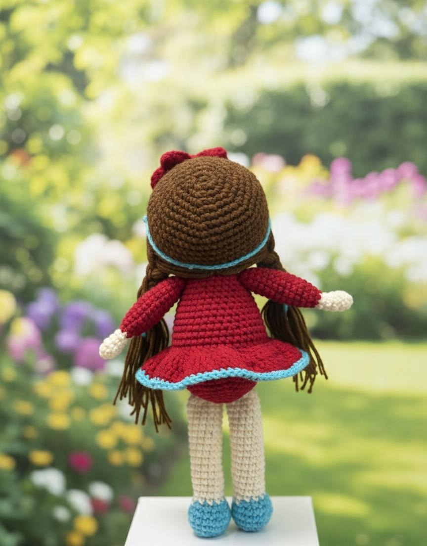Handmade Crochet Doll (25 cm) – Soft Amigurumi Sitting Doll for Kids | 100% Baby Soft Acrylic Yarn | Red Dress with Braids | Decorative & Gifting Toy