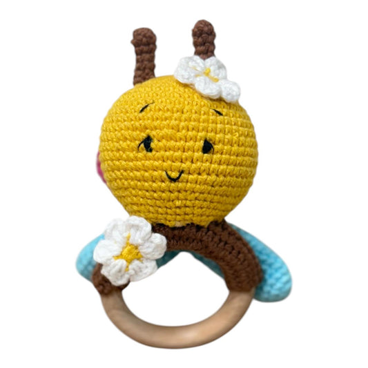 Handmade Crochet Bee Baby Rattle with Wooden Teether
