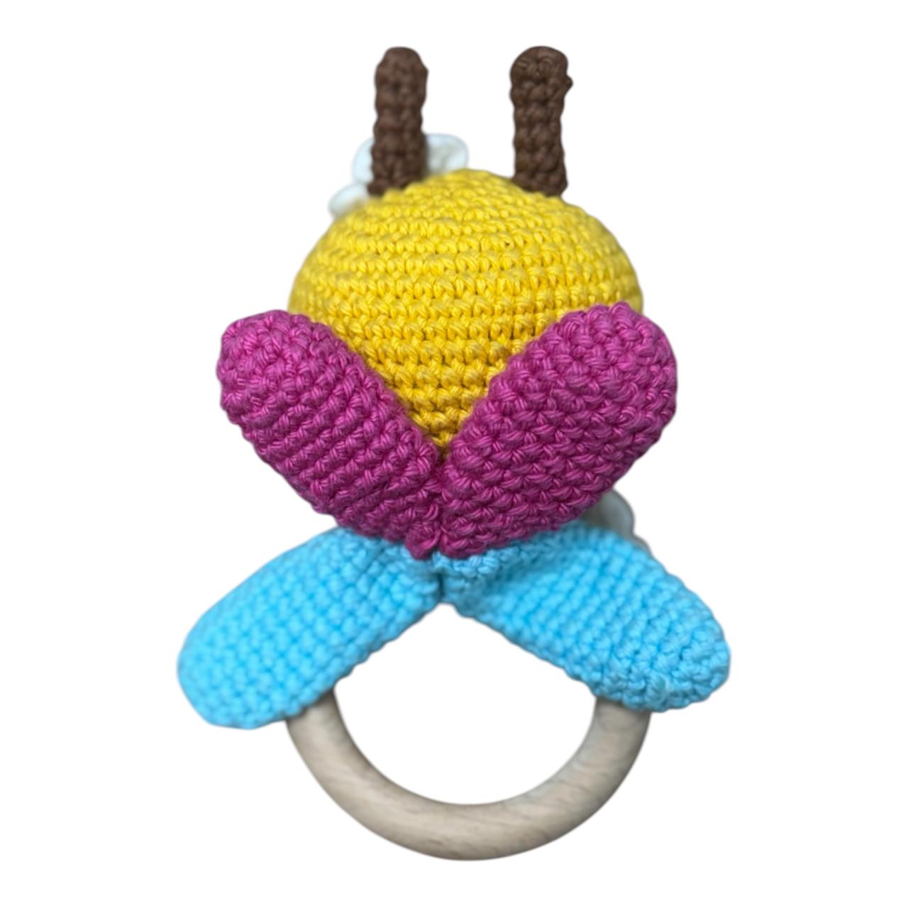 Handmade Crochet Bee Baby Rattle with Wooden Teether