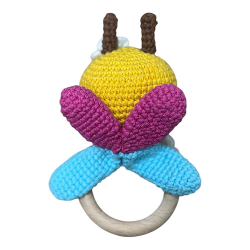 Handmade Crochet Bee Baby Rattle with Wooden Teether