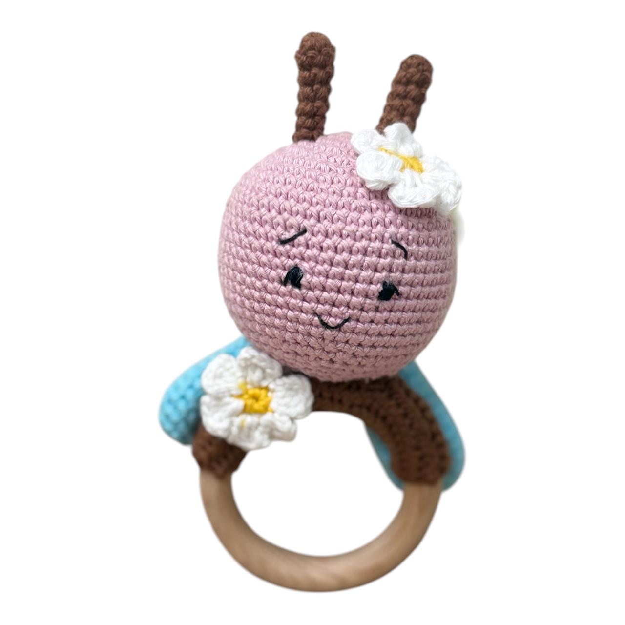 Handmade Crochet Bee Baby Rattle with Wooden Teether
