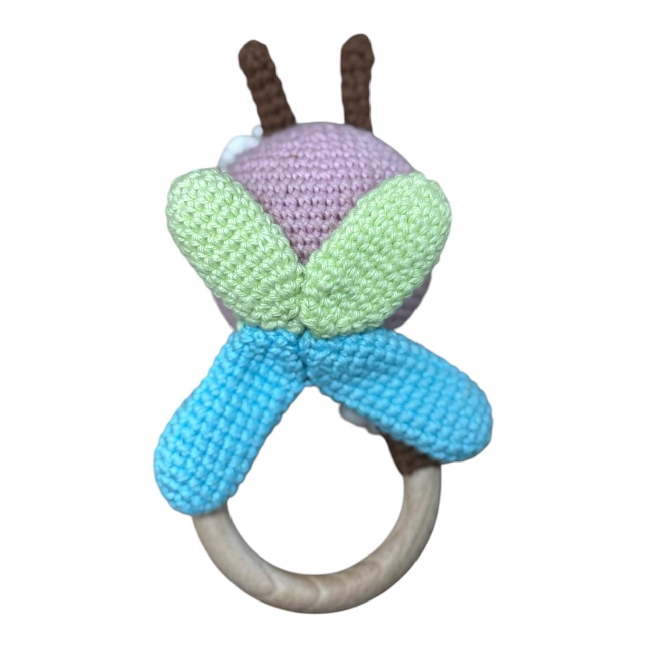 Handmade Crochet Bee Baby Rattle with Wooden Teether