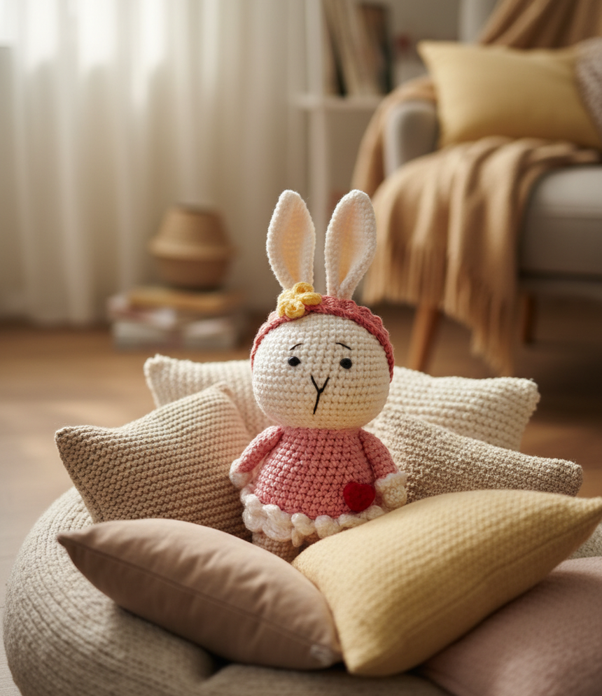 Handmade Crochet Bunny Soft Toy with Dress – 20 cm